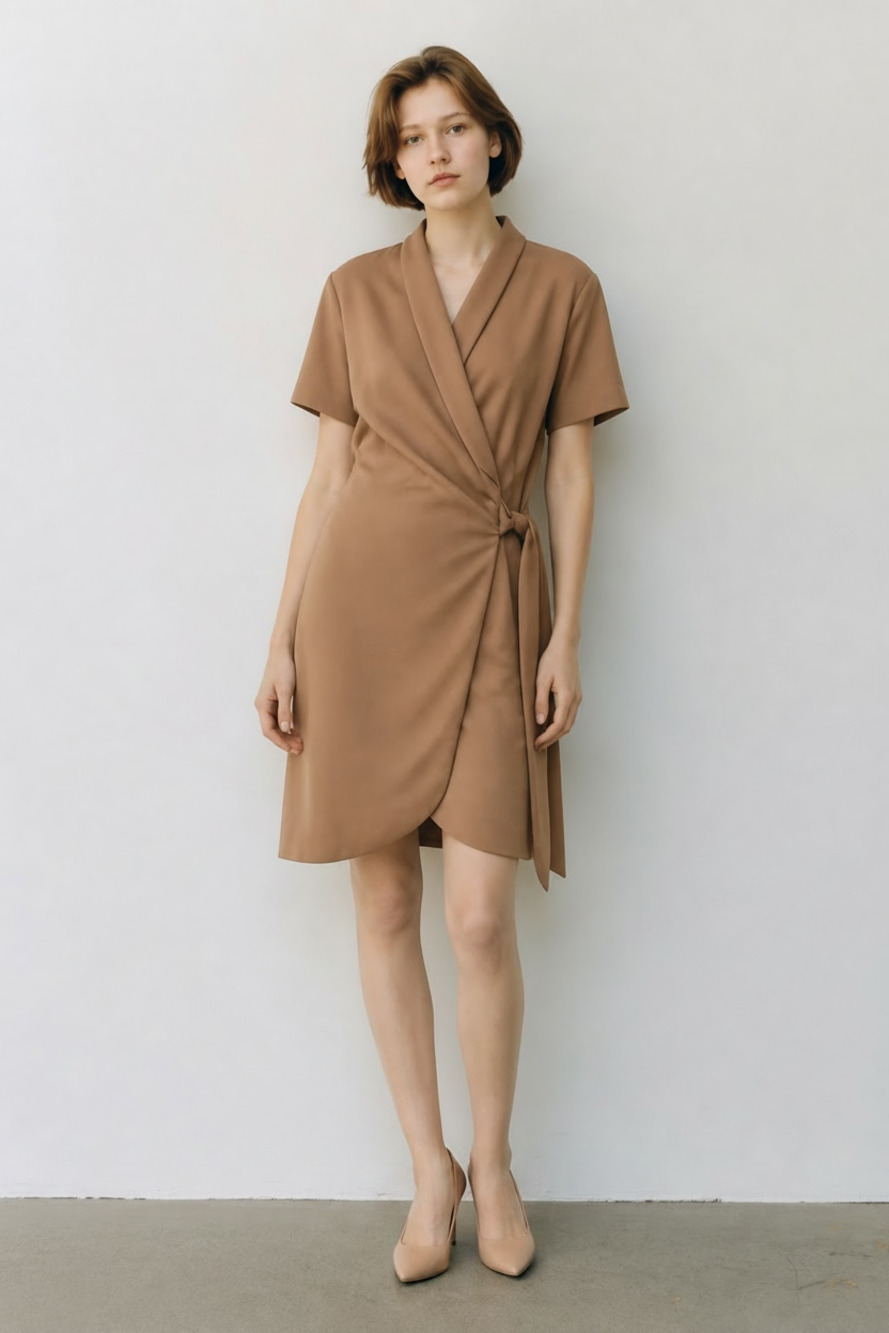 Mave Short Sleeve Wrap-Style Blazer Mini Dress in Brown